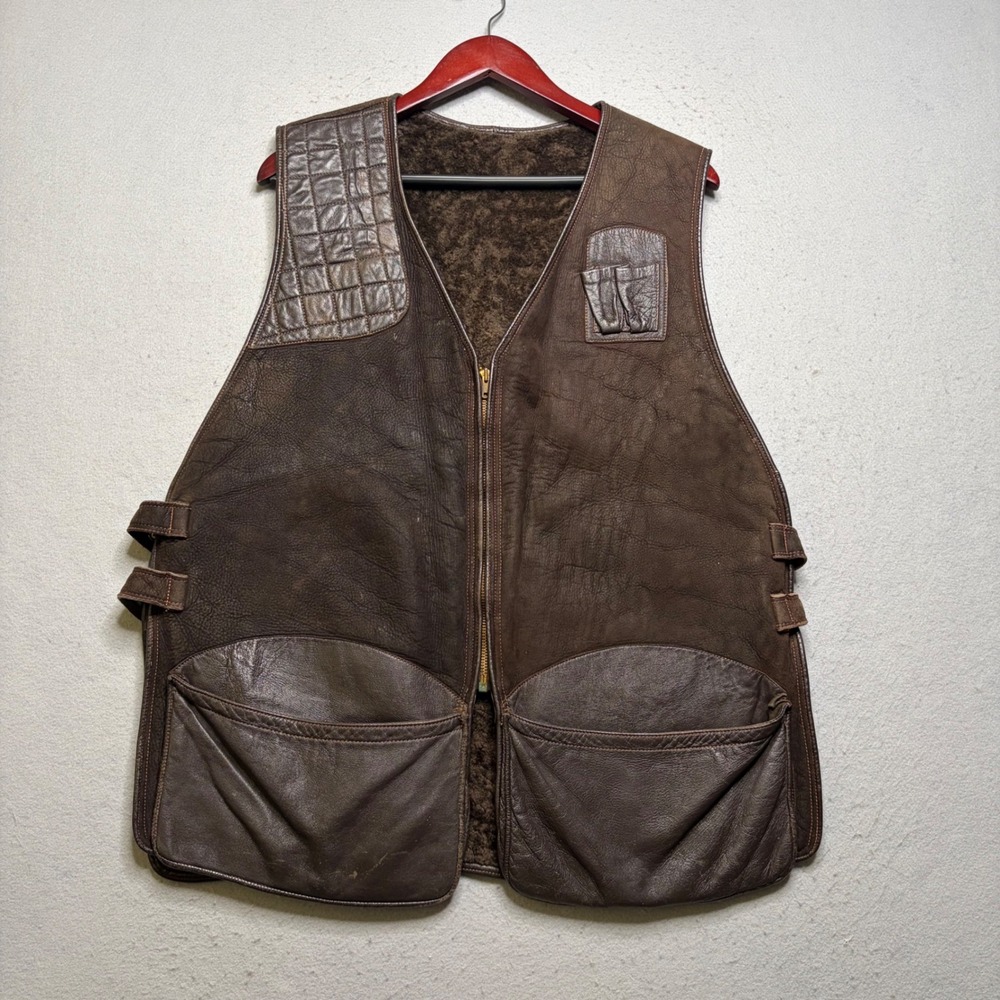 Vintage Shooting Vest Men XL Brown Leather 80s Talon Zipper Hunting Utility EQ71